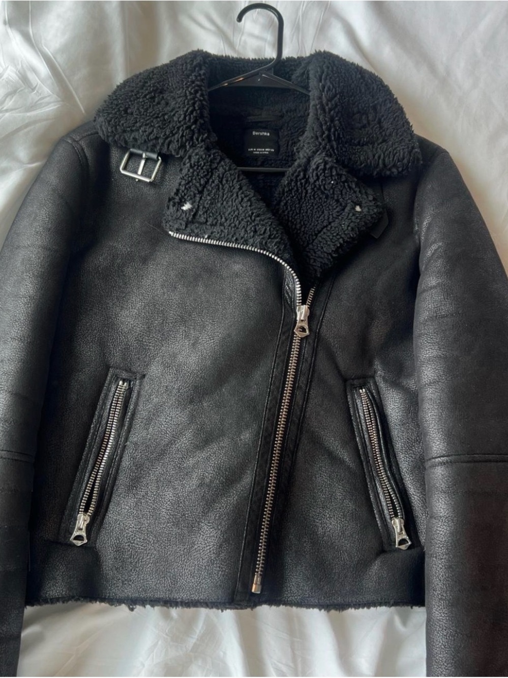 Bershka Black Faux-Shearling Biker Jacket